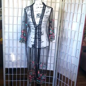 Asha sheer embroidery sleeves and bottom open kimono one size